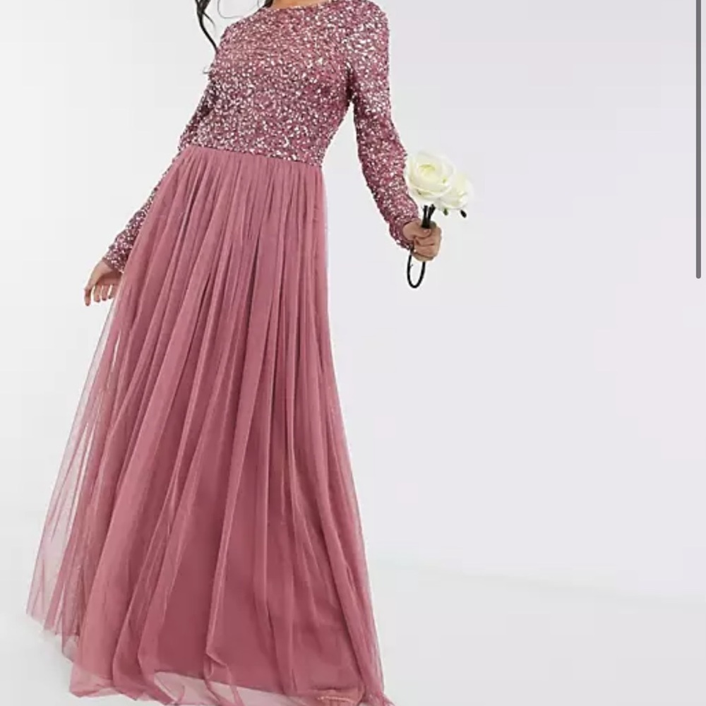 Maya Petite delicate sequin long sleeve maxi dress with tulle skirt in rose Sz 8